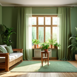 **

A serene living room with soft green walls, wooden furniture, and natural light streaming through sheer curtains. Potted plants are placed strategically around the room, creating a calm and inviting atmosphere.

**