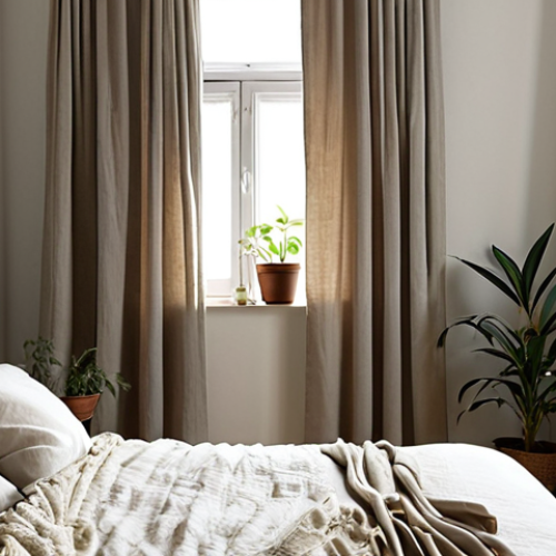 Home 7 **A serene bedroom designed with mindful principles. Soft, natural light filters through linen curtains onto a comfortable bed with cotton sheets. The room is decorated in neutral tones with minimal clutter, featuring a small bedside table with a single plant. Verduisterende (blackout) curtains ensure darkness.**