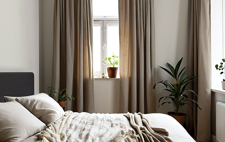 **A serene bedroom designed with mindful principles. Soft, natural light filters through linen curtains onto a comfortable bed with cotton sheets. The room is decorated in neutral tones with minimal clutter, featuring a small bedside table with a single plant. Verduisterende (blackout) curtains ensure darkness.**
